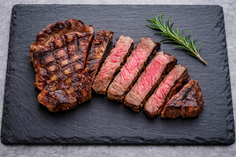 Grilled ribeye steak cooking over high heat on a grill with a crispy crust