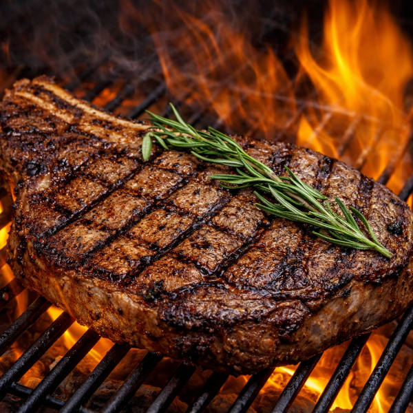 Grilled ribeye steak cooking over high heat on a grill with a crispy crust