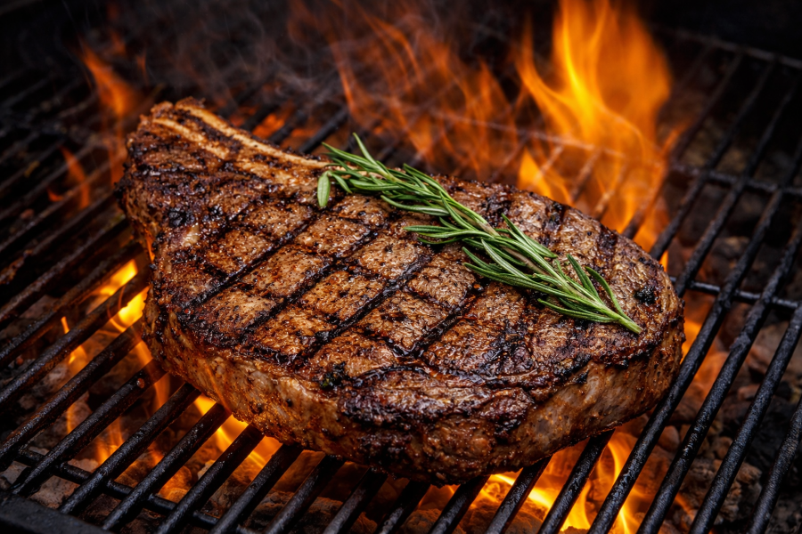 Grilled ribeye steak cooking over high heat on a grill with a crispy crust