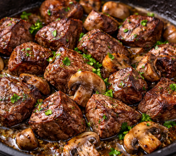 Recipe for Tenderloin Tips with Mushrooms in Skillet