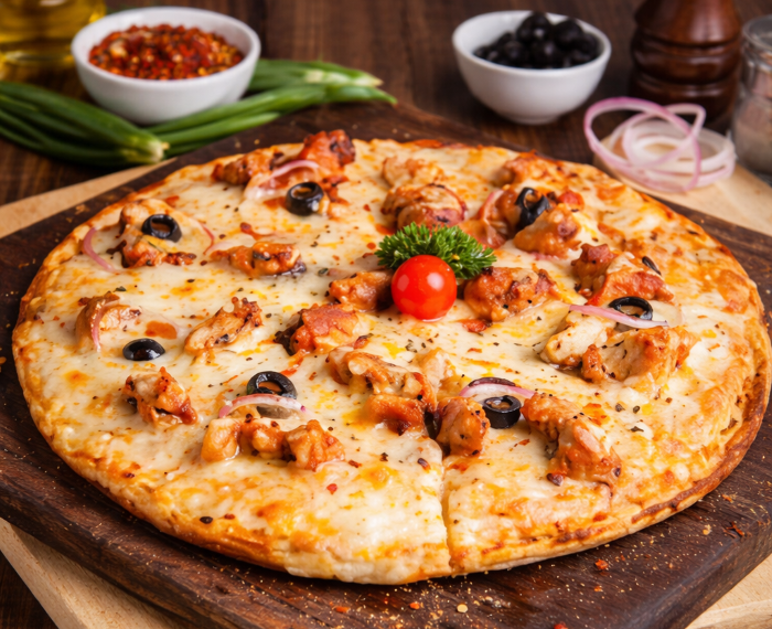 Baked chicken pizza with olives, onions, and melted cheese on a wooden board