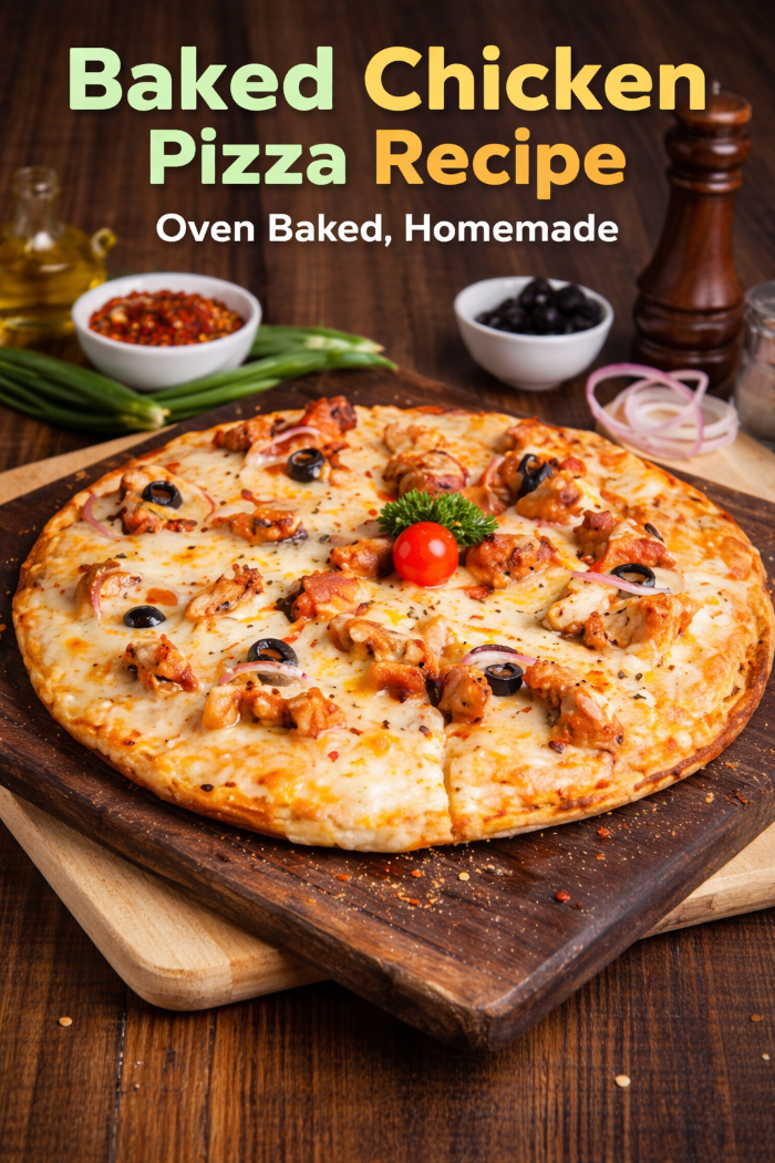 Baked chicken pizza with olives, onions, and melted cheese on a wooden board