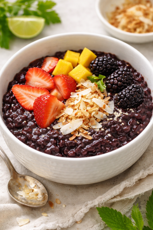 Black Rice Pudding with Coconut Milk and Fresh Fruit